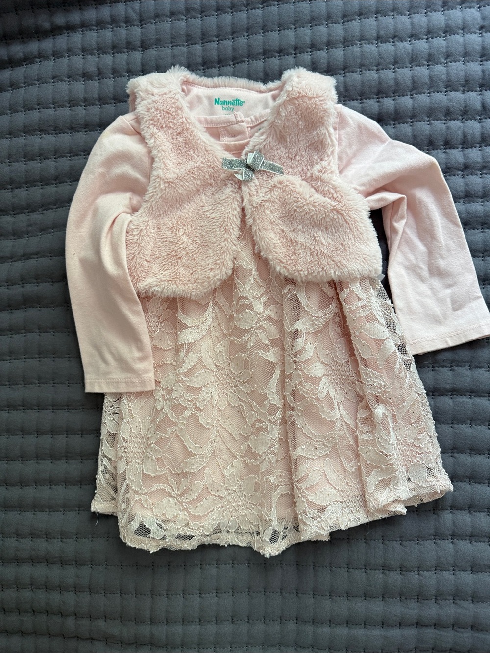 Nannette Pink Lace & Faux Fur Dress with Bow Accent